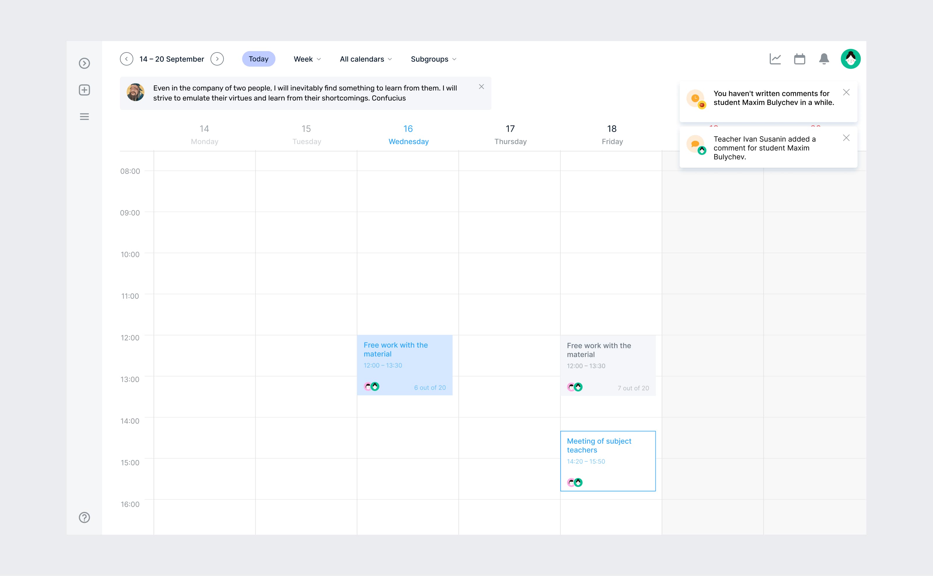 Montessori Platform weekly schedule view